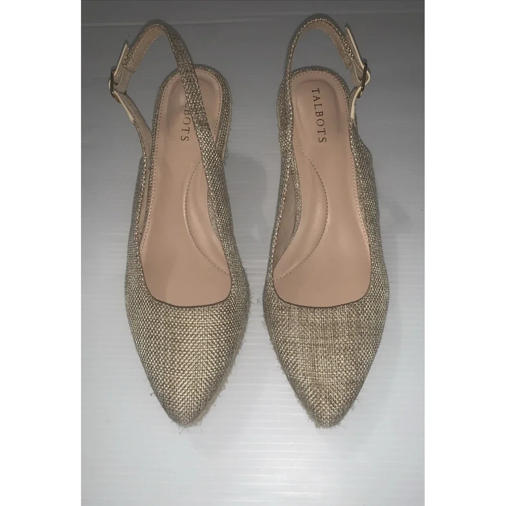 Talbots Vivi Raffia Slingback Espadrille Wedges Beige Canvas Preppy Size 8.5M